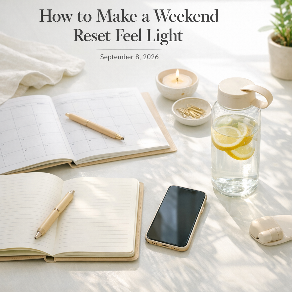 Weekend reset setup with notebook, water bottle, and phone on a bright table