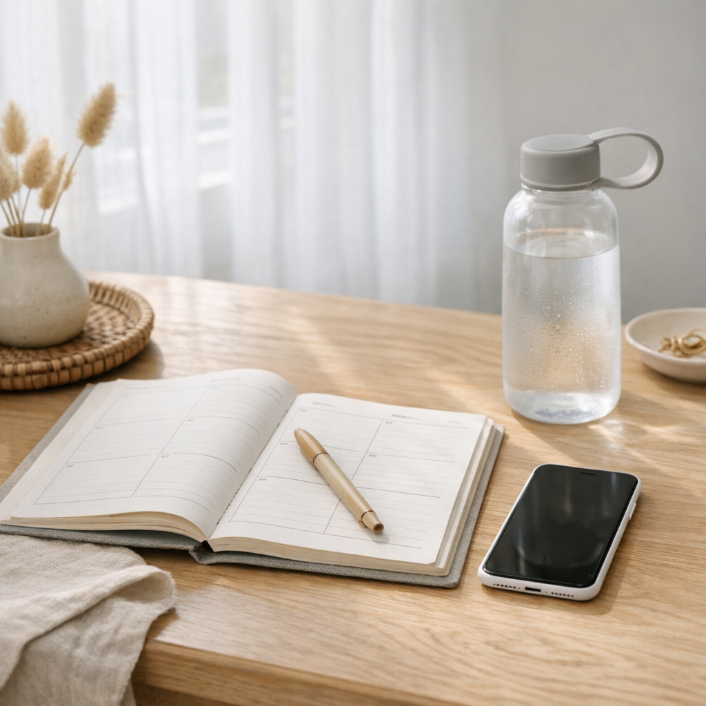 Weekend planning table with planner, phone, and water bottle