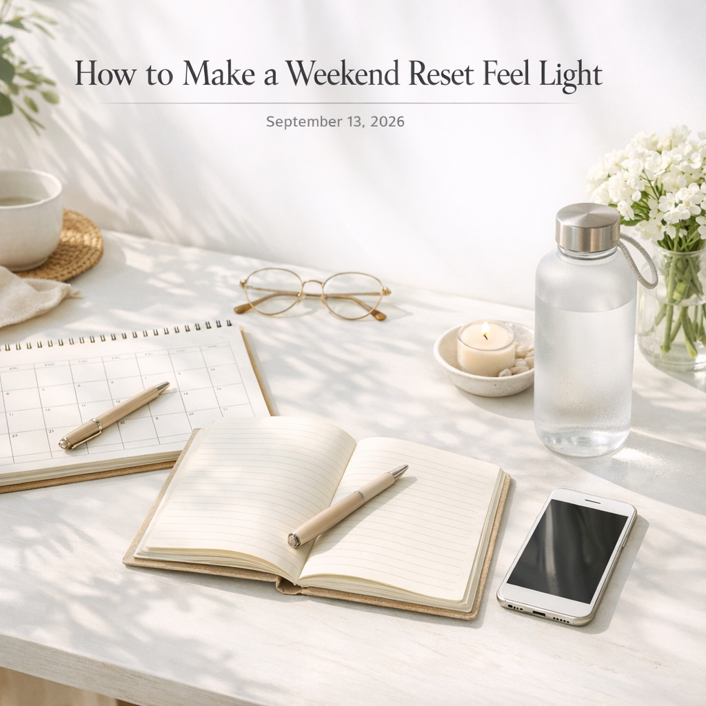 Weekend reset setup with notebook, water bottle, and phone on a bright table