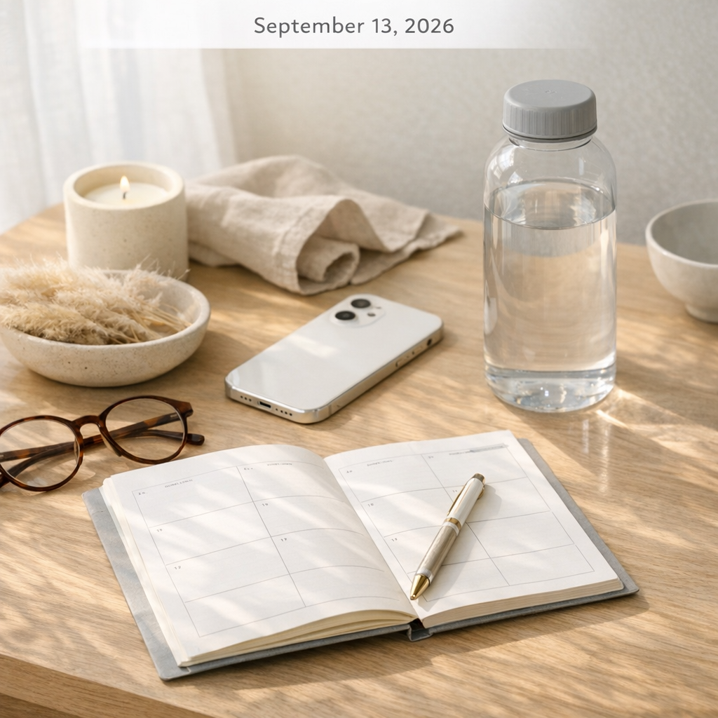 Weekend planning table with planner, phone, and water bottle