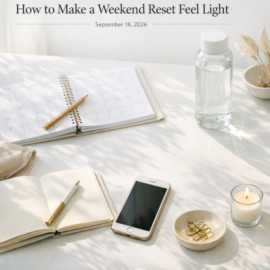 Weekend reset setup with notebook, water bottle, and phone on a bright table