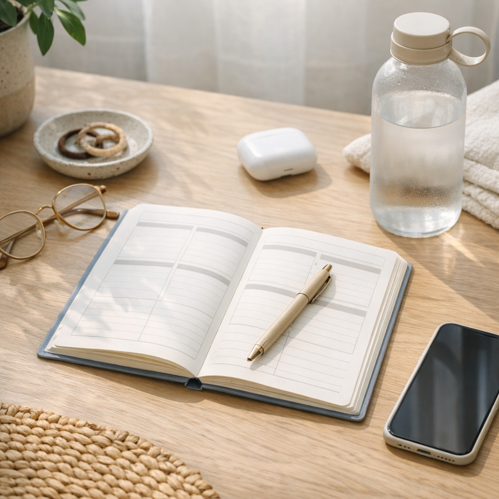 Weekend planning table with planner, phone, and water bottle