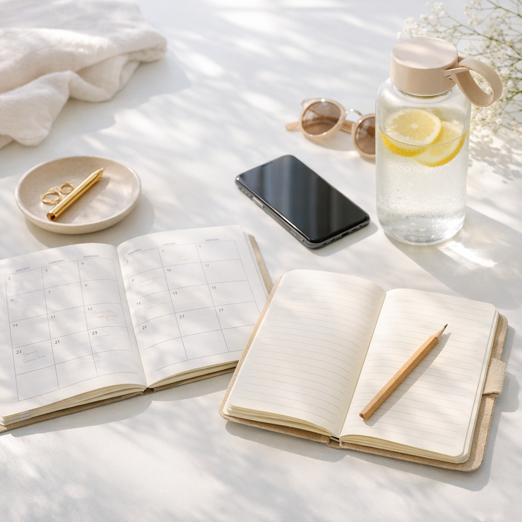Weekend reset setup with notebook, water bottle, and phone on a bright table