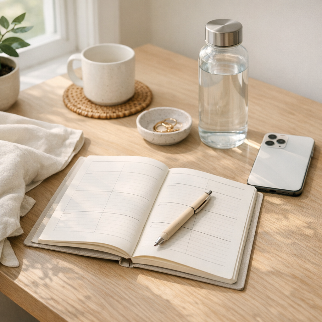 Weekend planning table with planner, phone, and water bottle