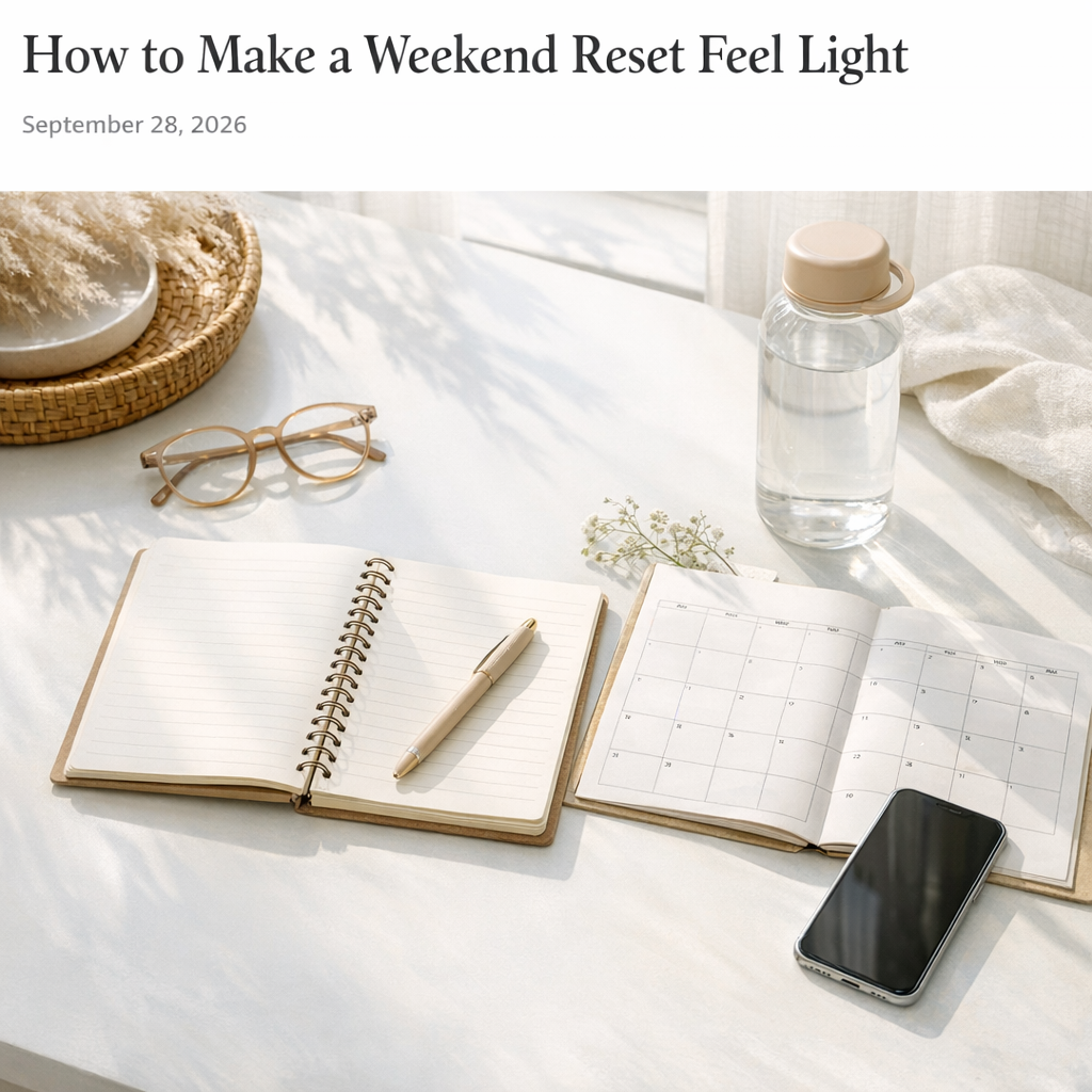 Weekend reset setup with notebook, water bottle, and phone on a bright table