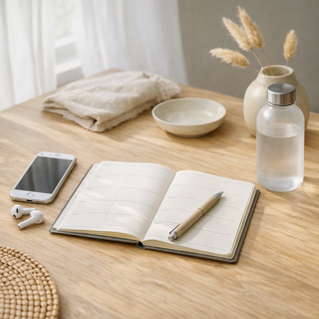 Weekend planning table with planner, phone, and water bottle
