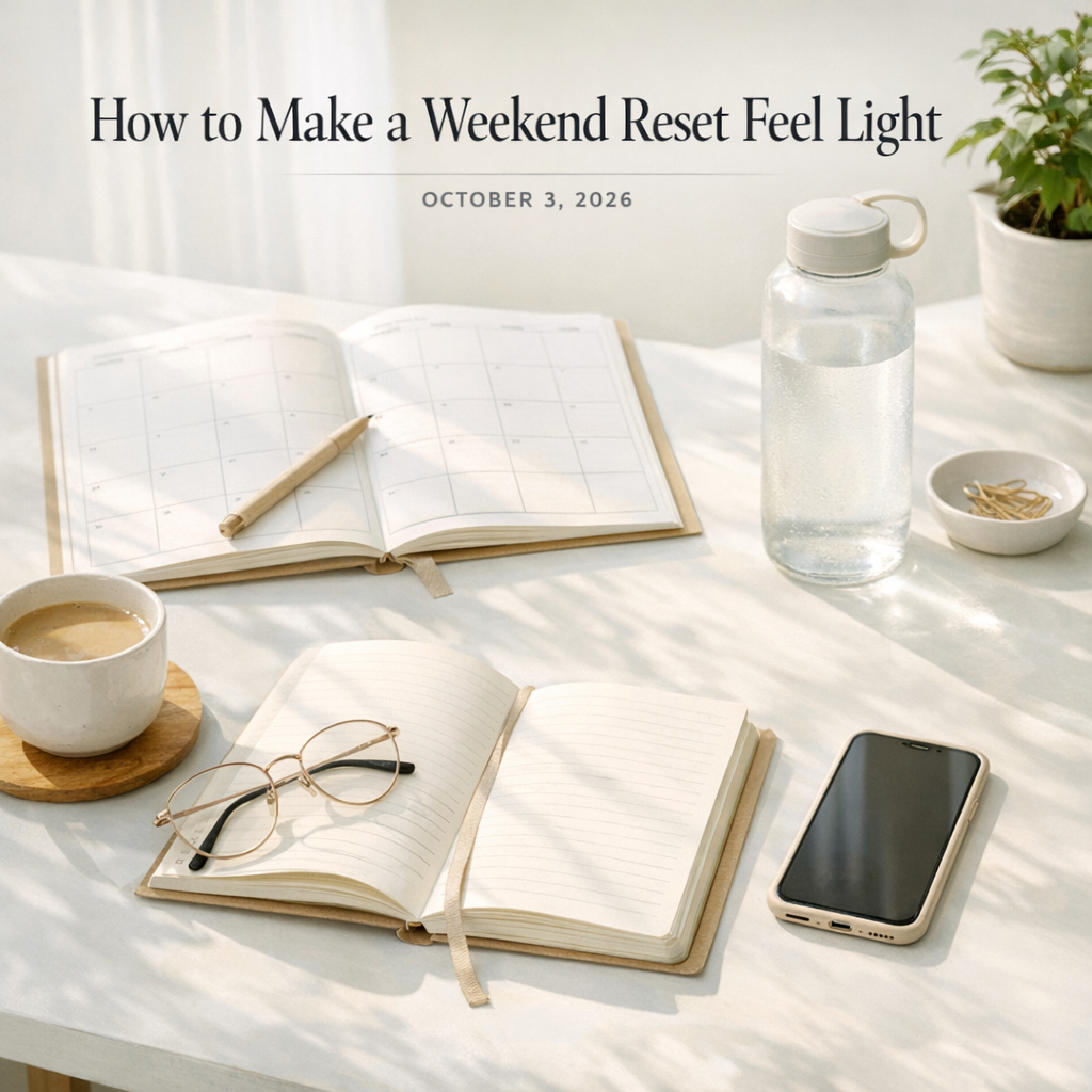 Weekend reset setup with notebook, water bottle, and phone on a bright table