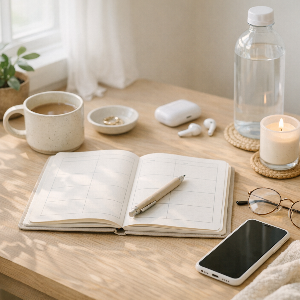 Weekend planning table with planner, phone, and water bottle