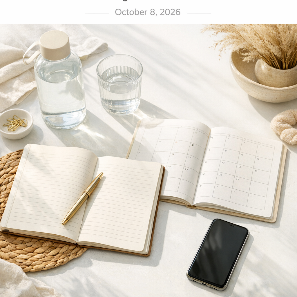Weekend reset setup with notebook, water bottle, and phone on a bright table