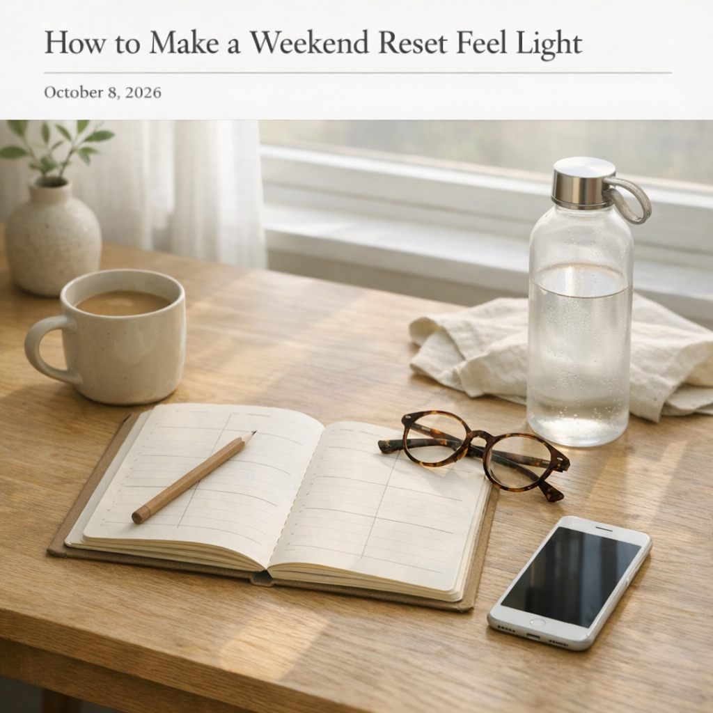 Weekend planning table with planner, phone, and water bottle