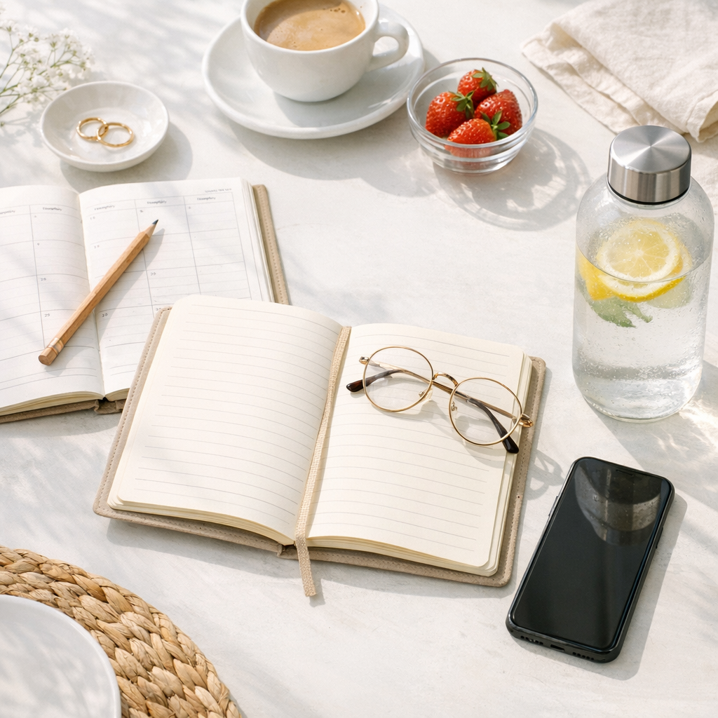 Weekend reset setup with notebook, water bottle, and phone on a bright table