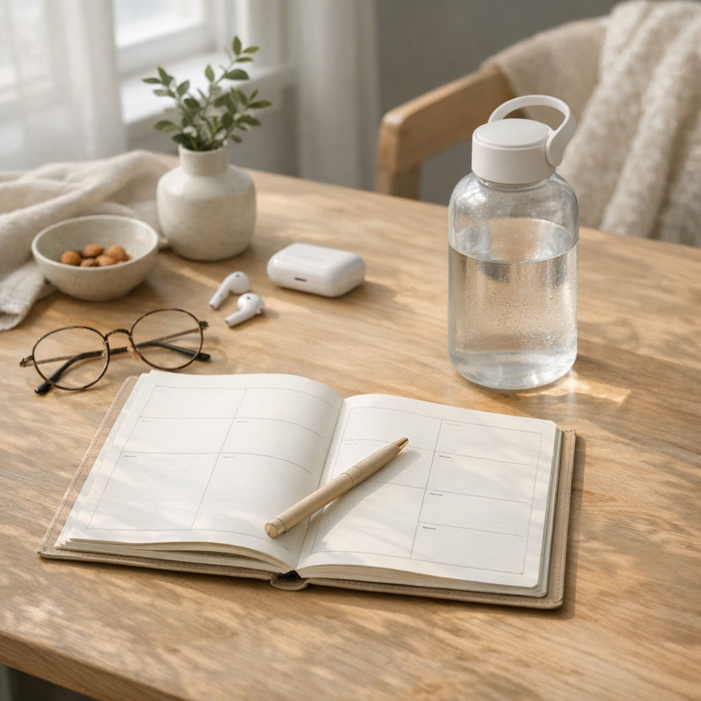 Weekend planning table with planner, phone, and water bottle