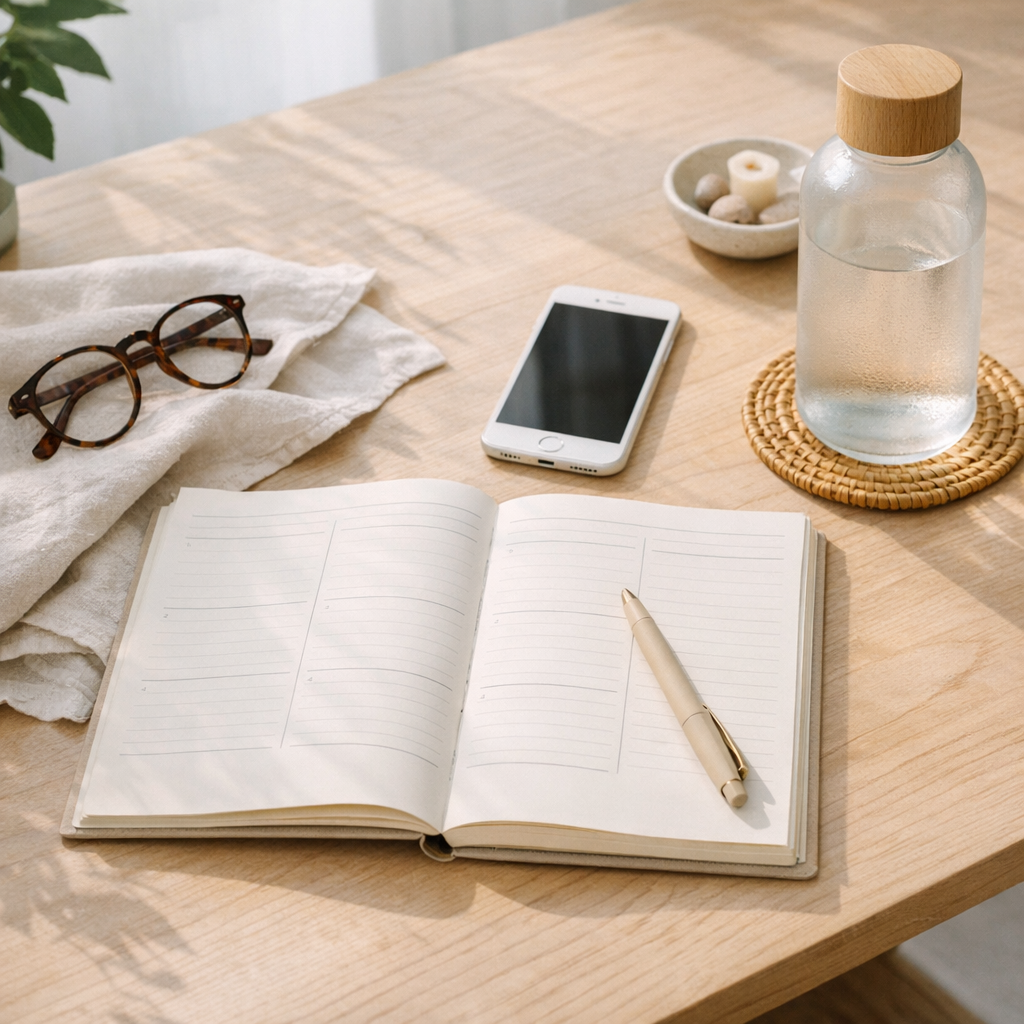 Weekend planning table with planner, phone, and water bottle
