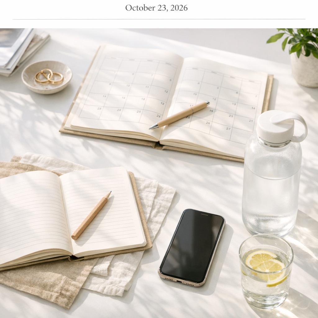 Weekend reset setup with notebook, water bottle, and phone on a bright table