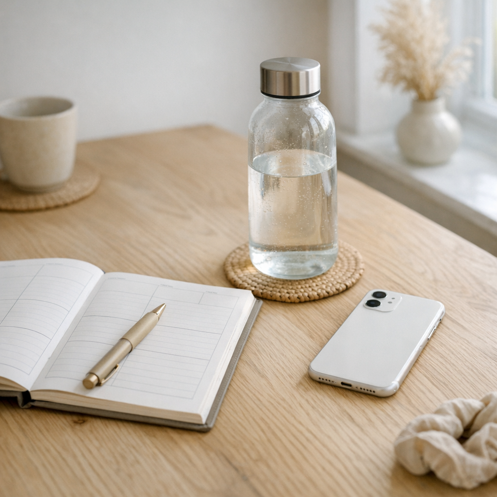 Weekend planning table with planner, phone, and water bottle