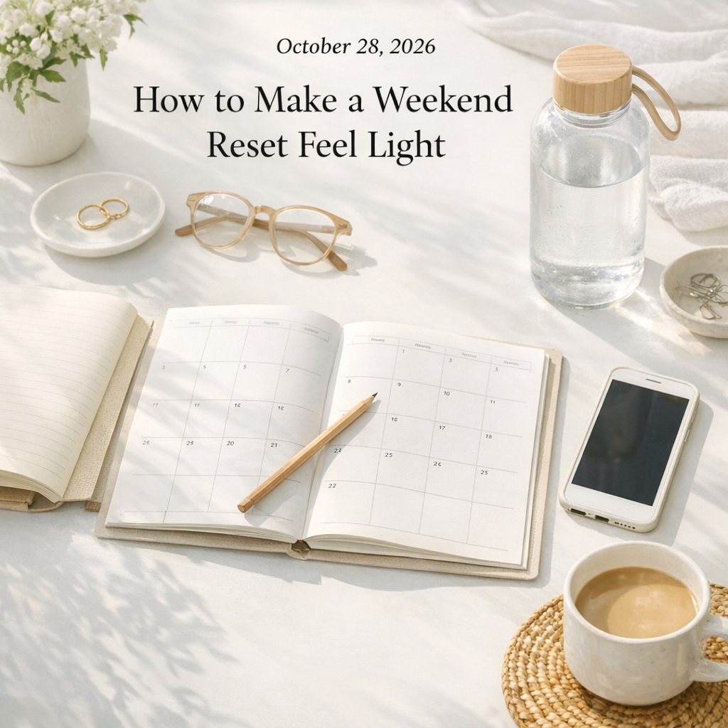 Weekend reset setup with notebook, water bottle, and phone on a bright table