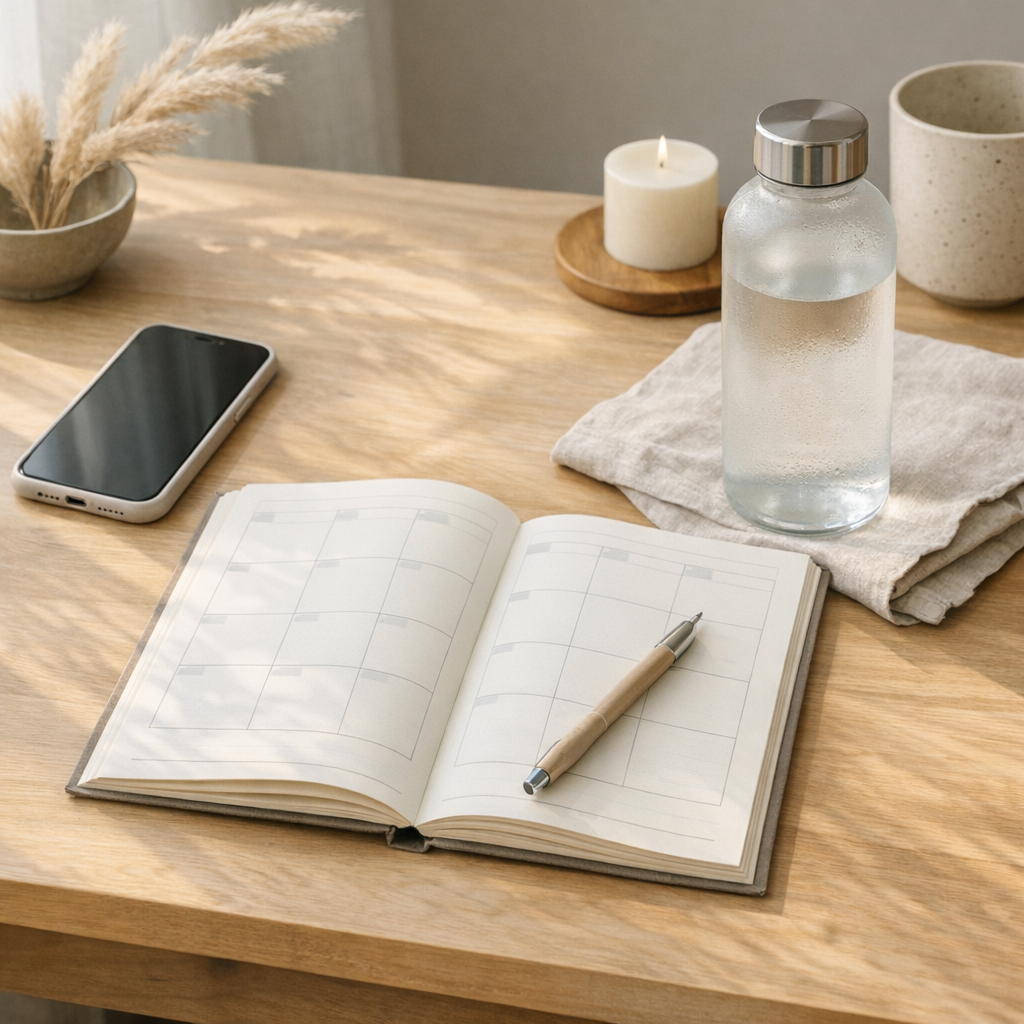 Weekend planning table with planner, phone, and water bottle