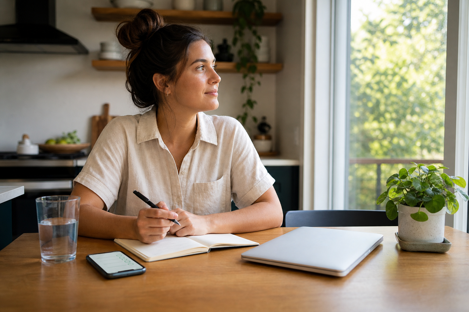 Person at a kitchen table with a glass of water, notebook, and phone during an afternoon reset