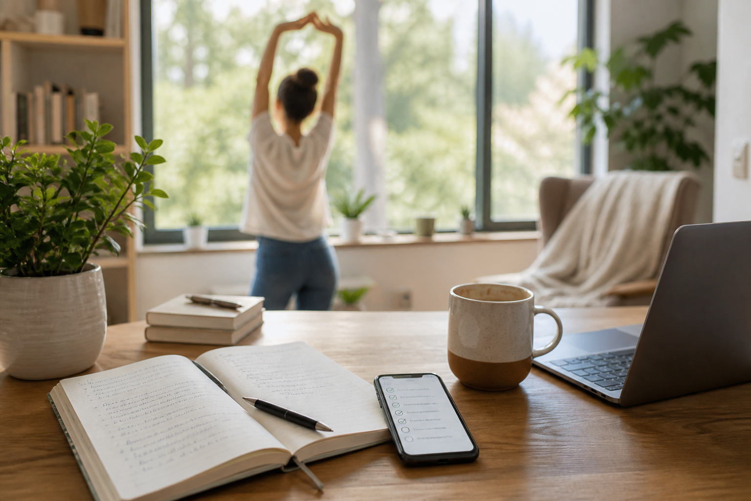 Person stretching beside a desk with a notebook, coffee mug, and phone showing a checklist