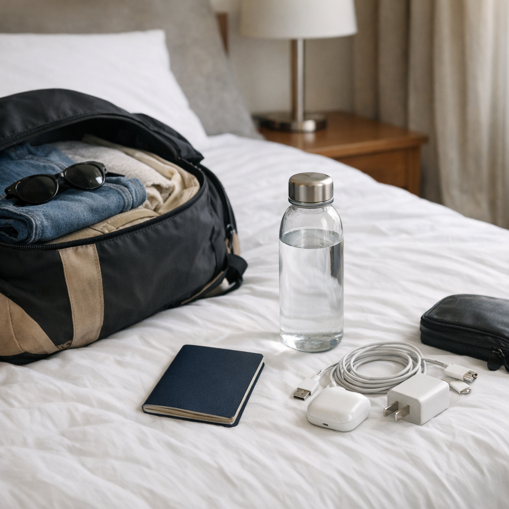 Packed bag and small travel routine items on a bed