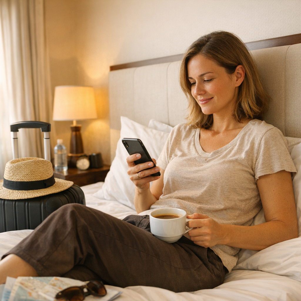 Traveler resting with a phone and coffee in a hotel room