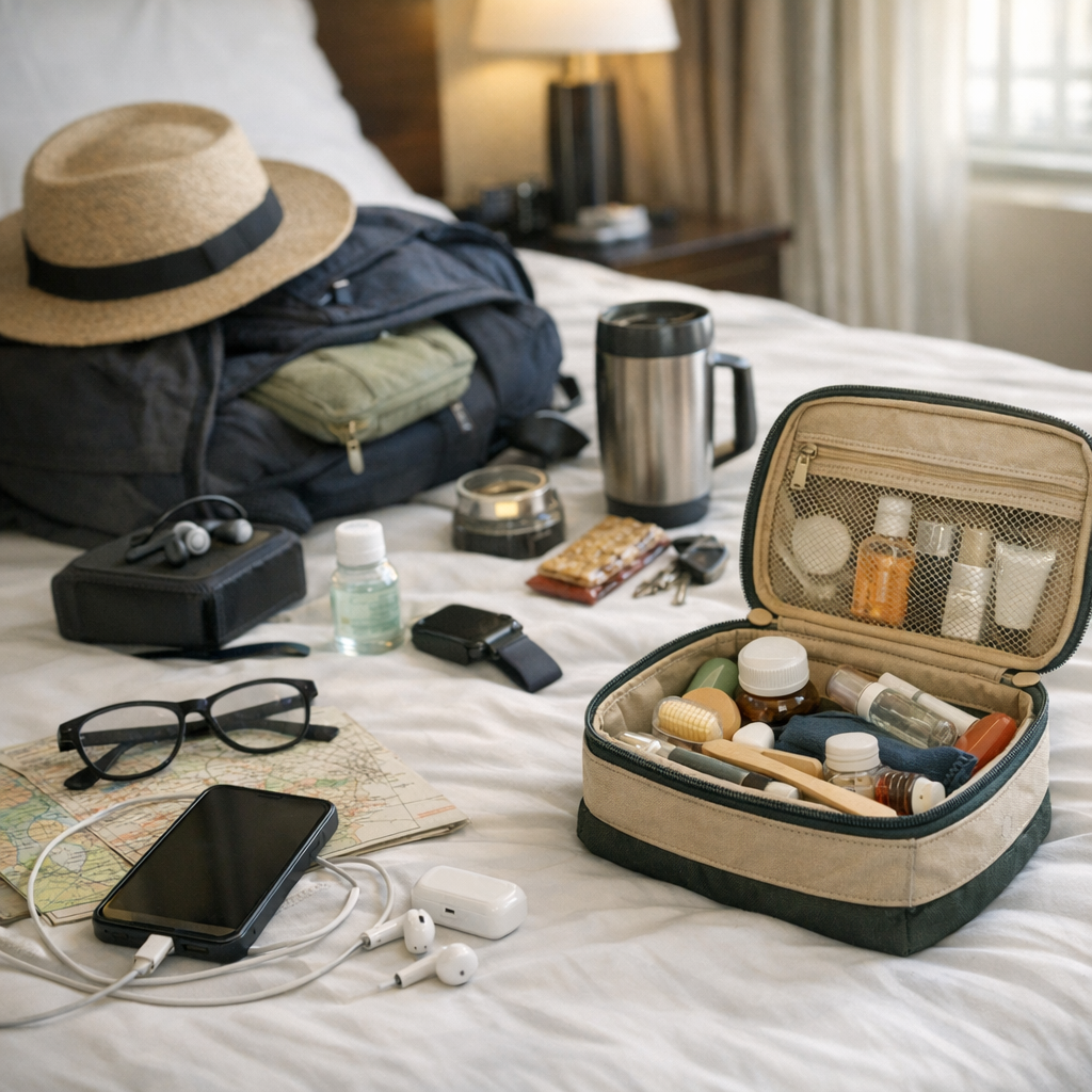 Packed bag and small travel routine items on a bed