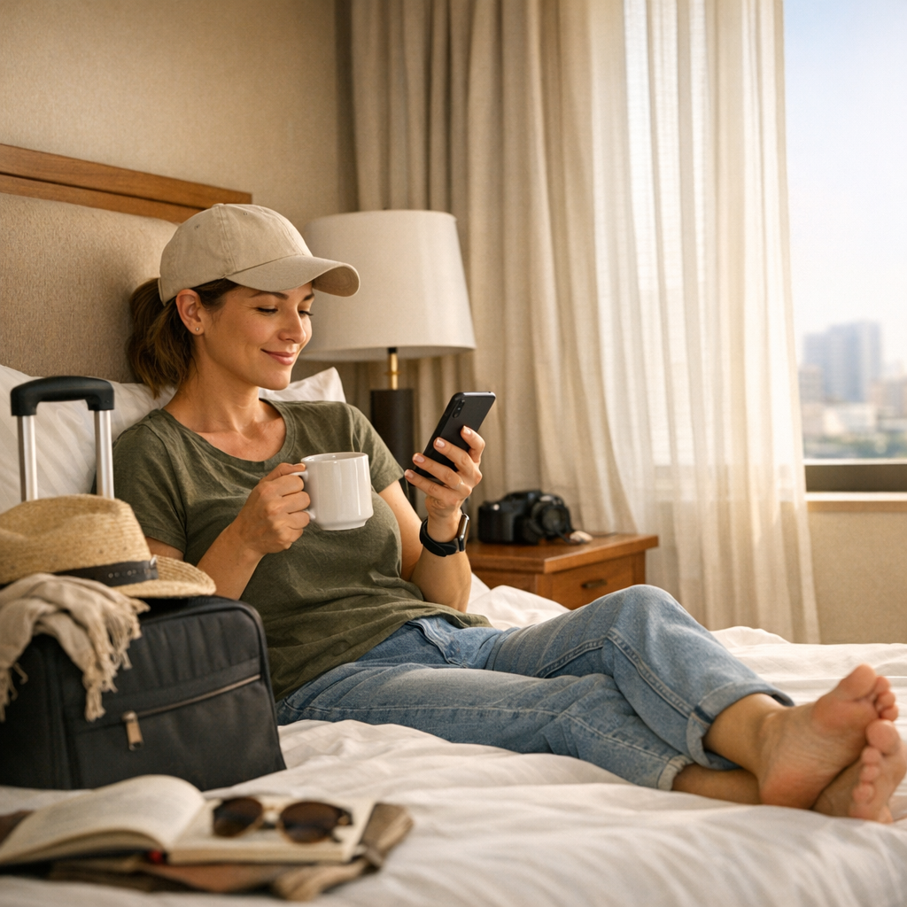 Traveler resting with a phone and coffee in a hotel room