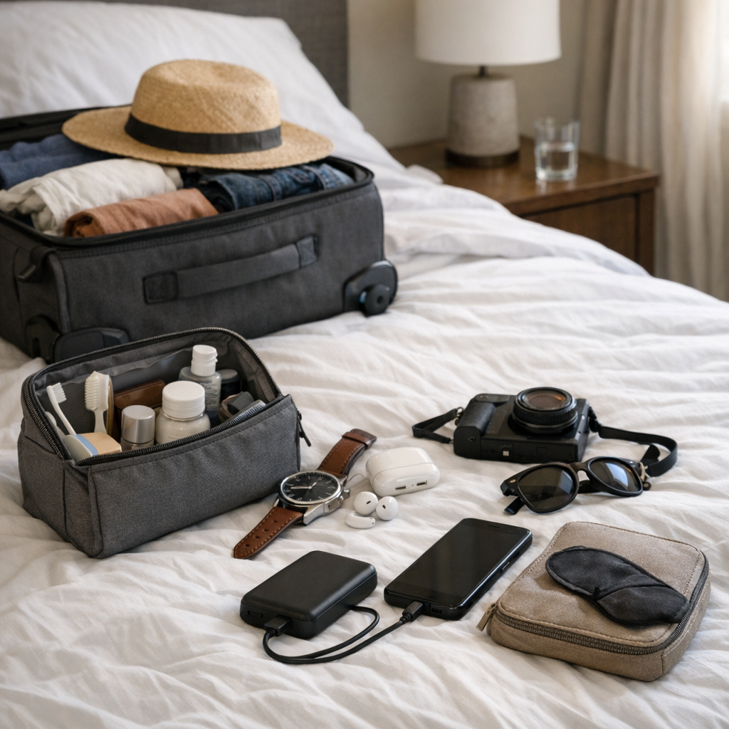 Packed bag and small travel routine items on a bed