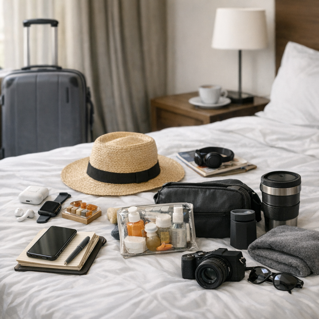 Packed bag and small travel routine items on a bed