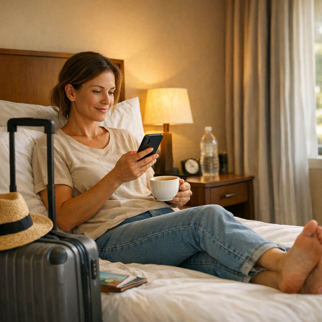 Traveler resting with a phone and coffee in a hotel room