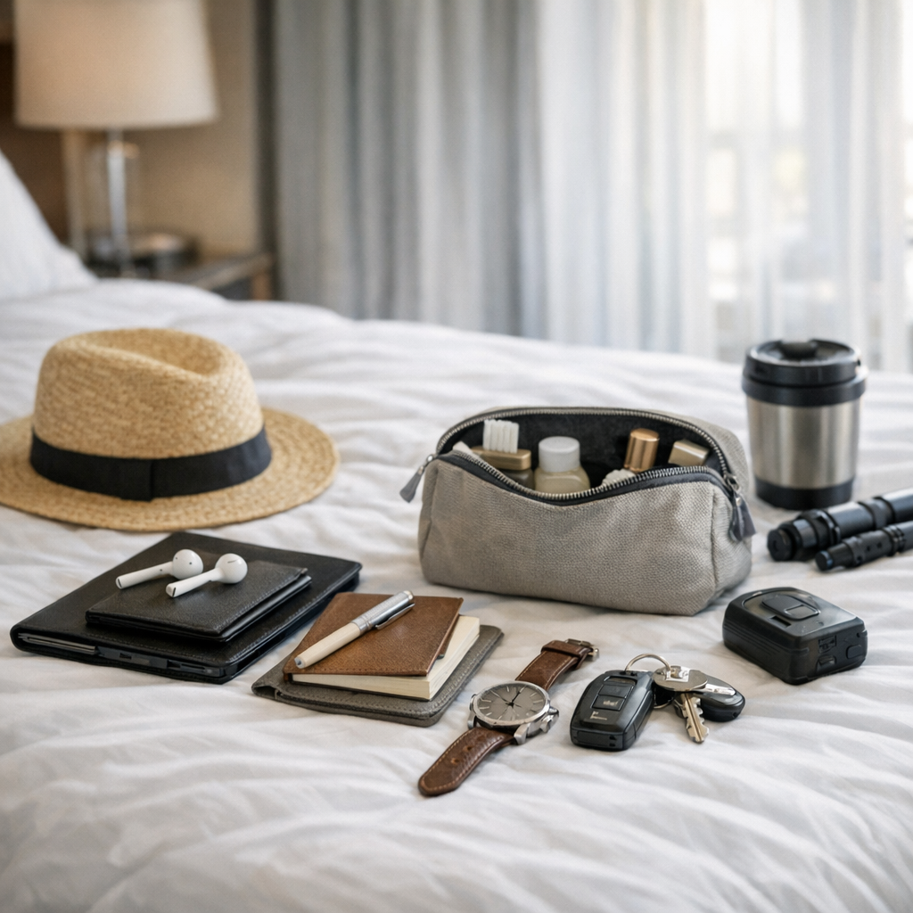 Packed bag and small travel routine items on a bed