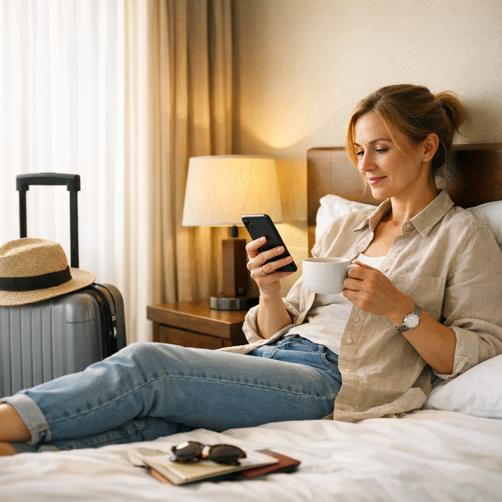 Traveler resting with a phone and coffee in a hotel room