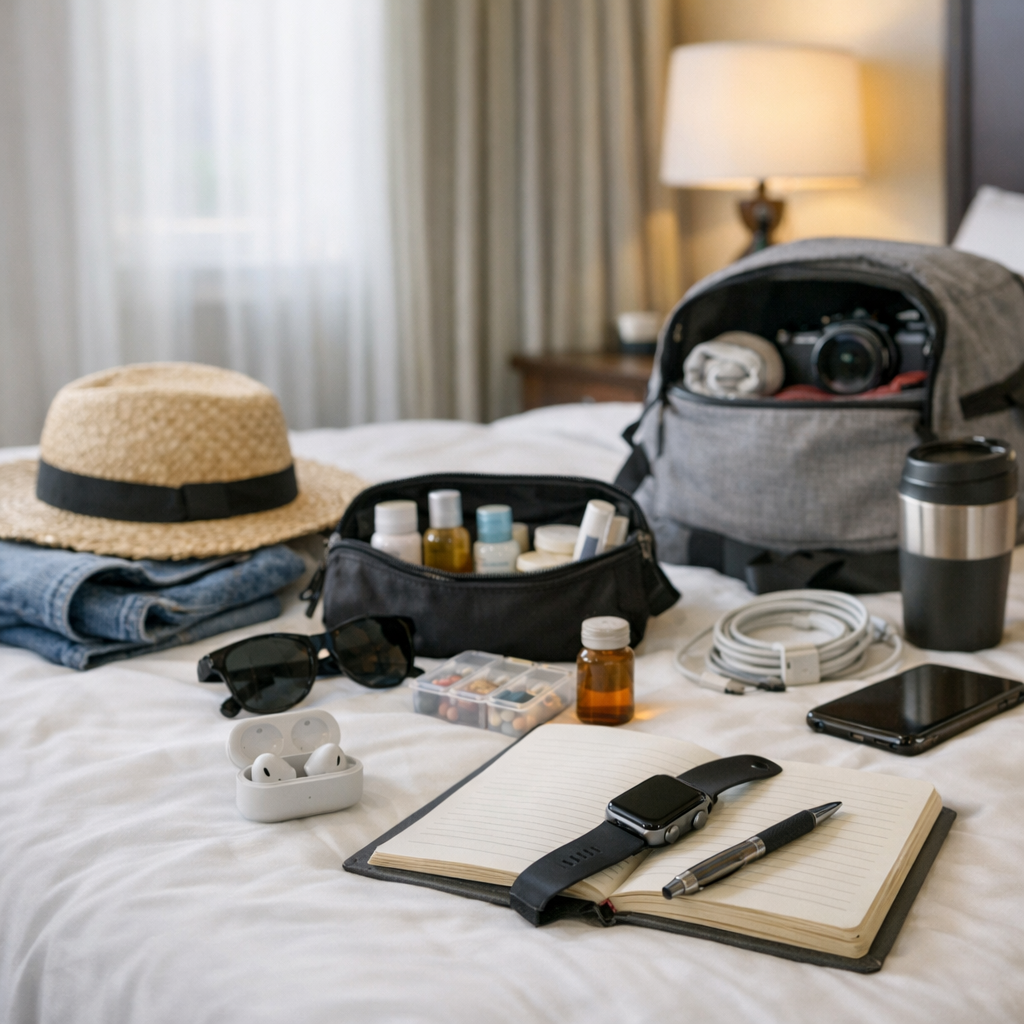 Packed bag and small travel routine items on a bed