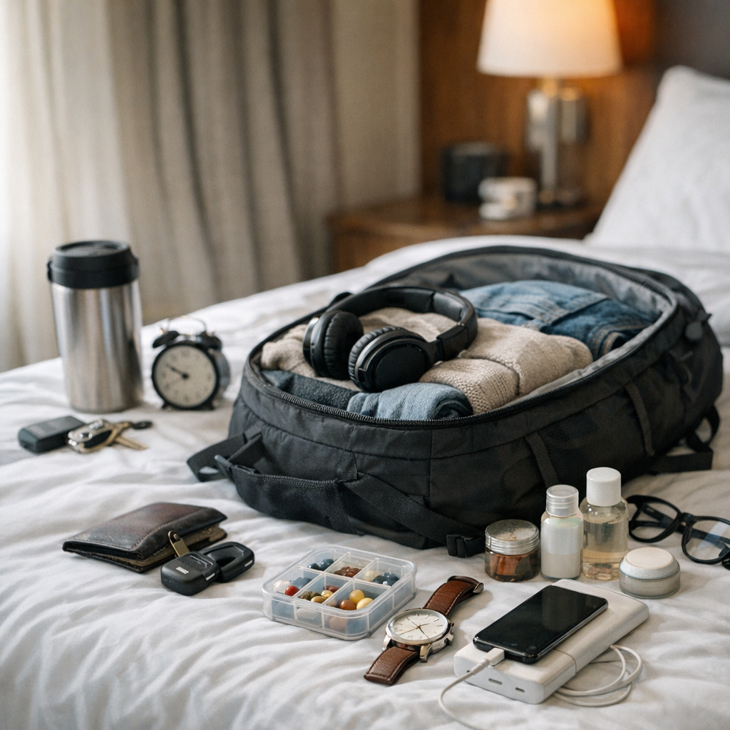 Packed bag and small travel routine items on a bed