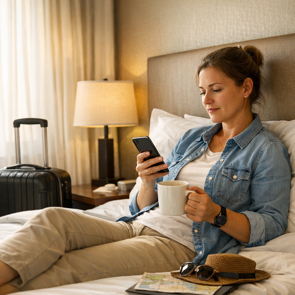 Traveler resting with a phone and coffee in a hotel room