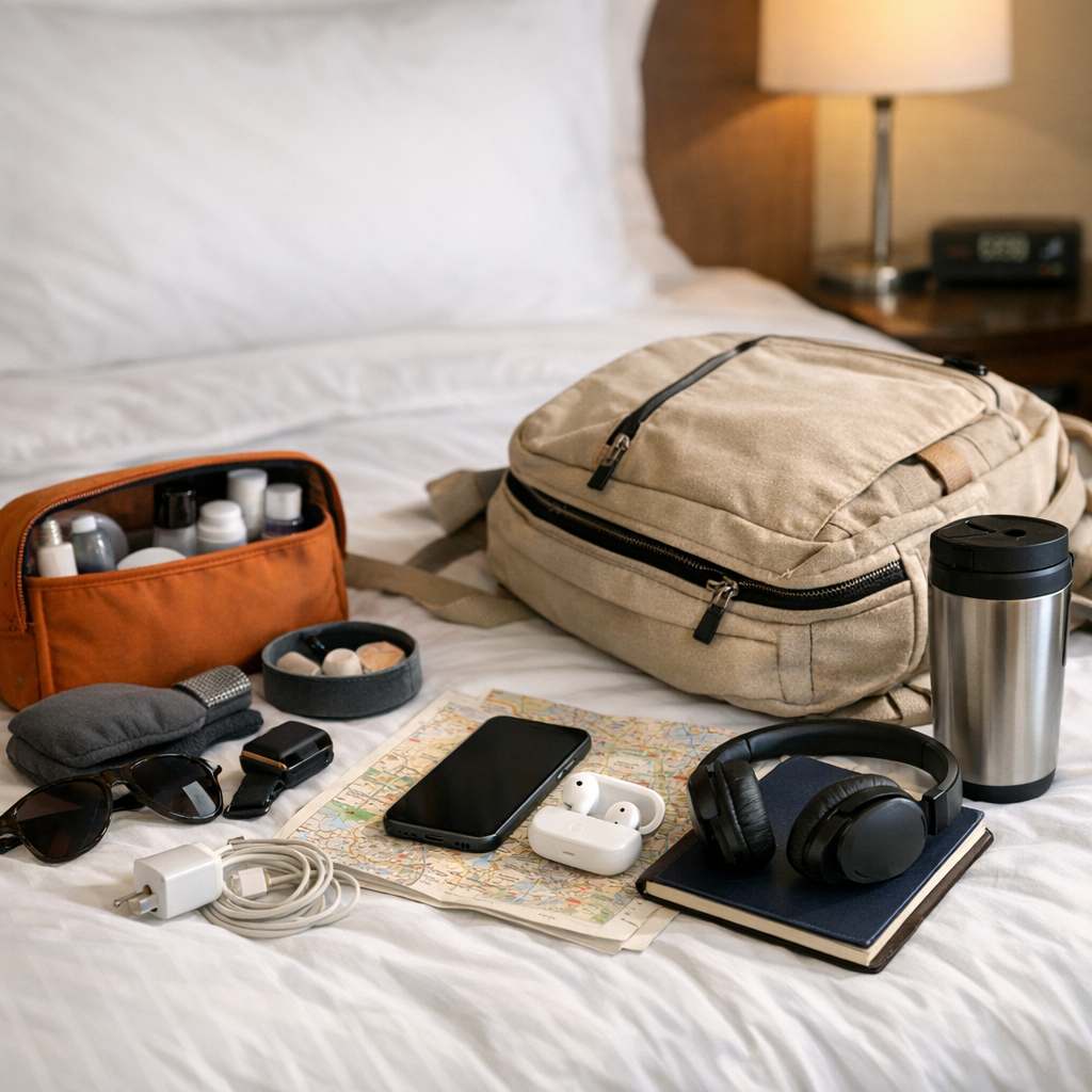 Packed bag and small travel routine items on a bed
