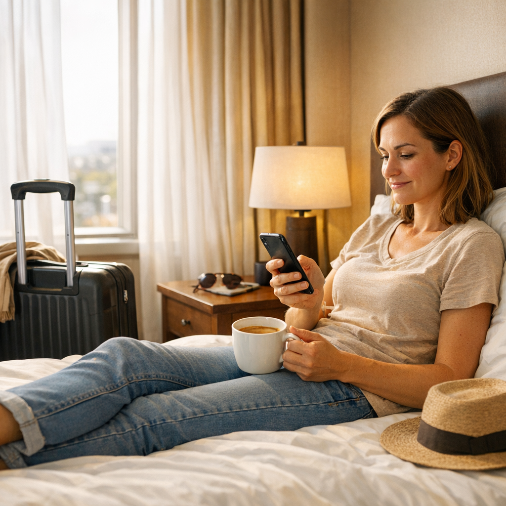 Traveler resting with a phone and coffee in a hotel room