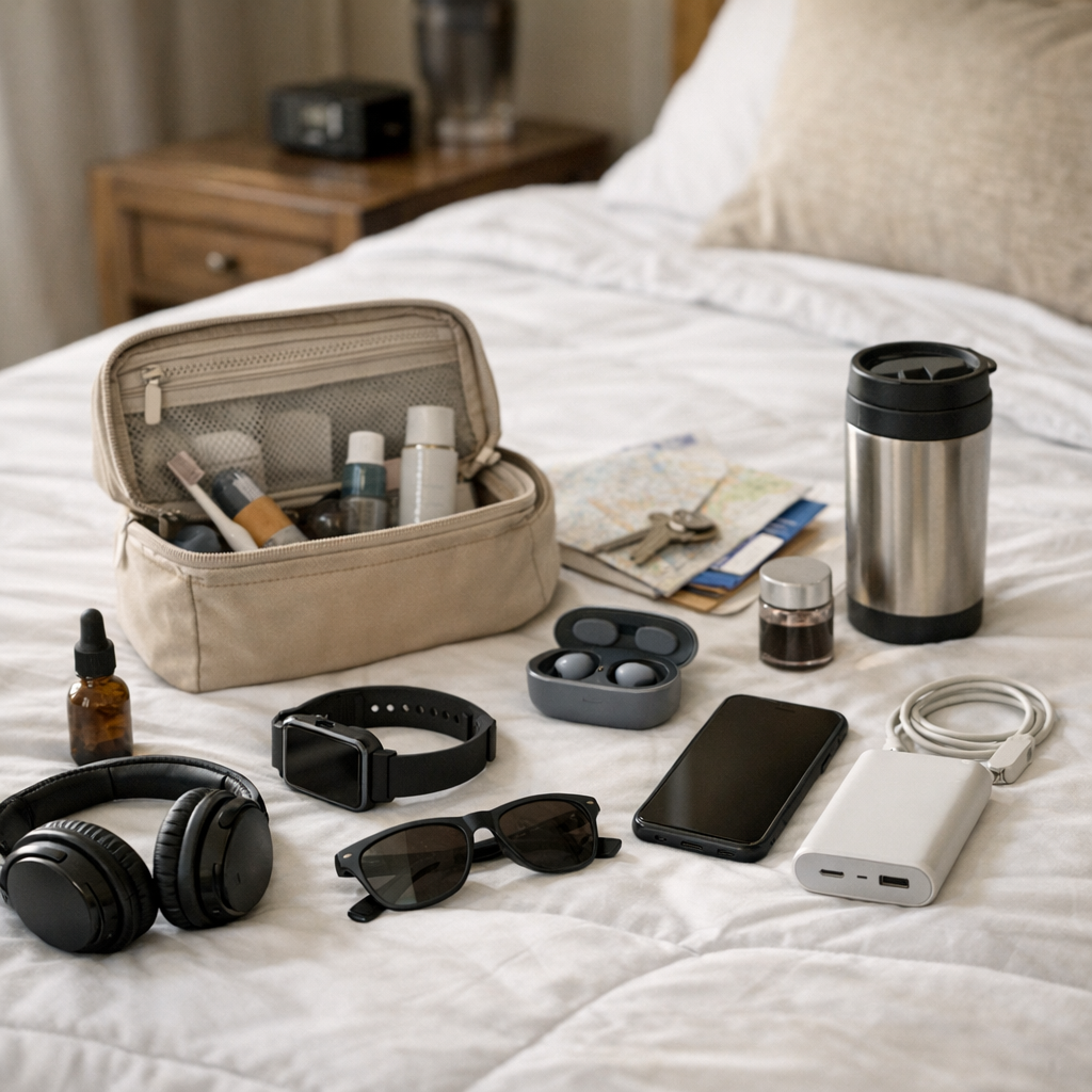 Packed bag and small travel routine items on a bed