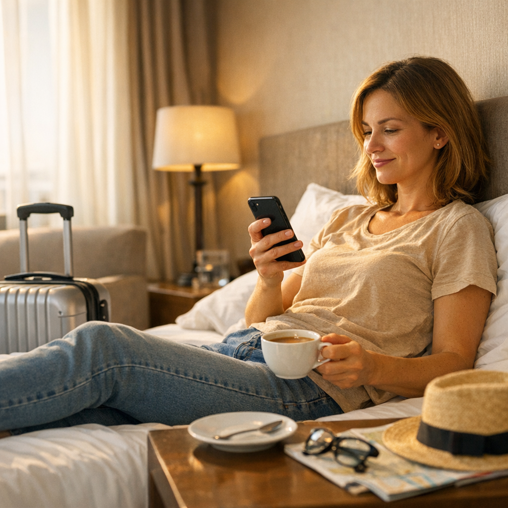 Traveler resting with a phone and coffee in a hotel room