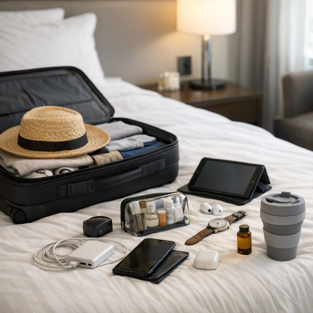 Packed bag and small travel routine items on a bed