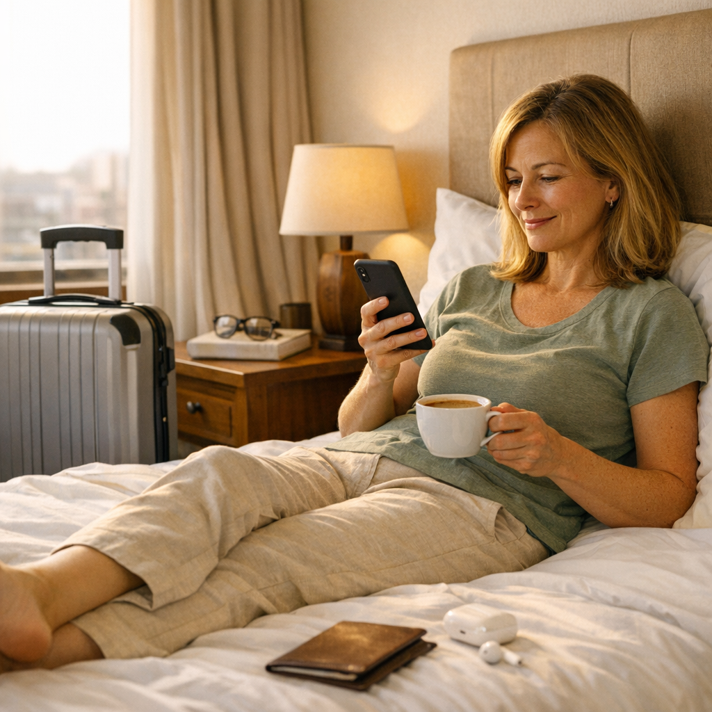 Traveler resting with a phone and coffee in a hotel room