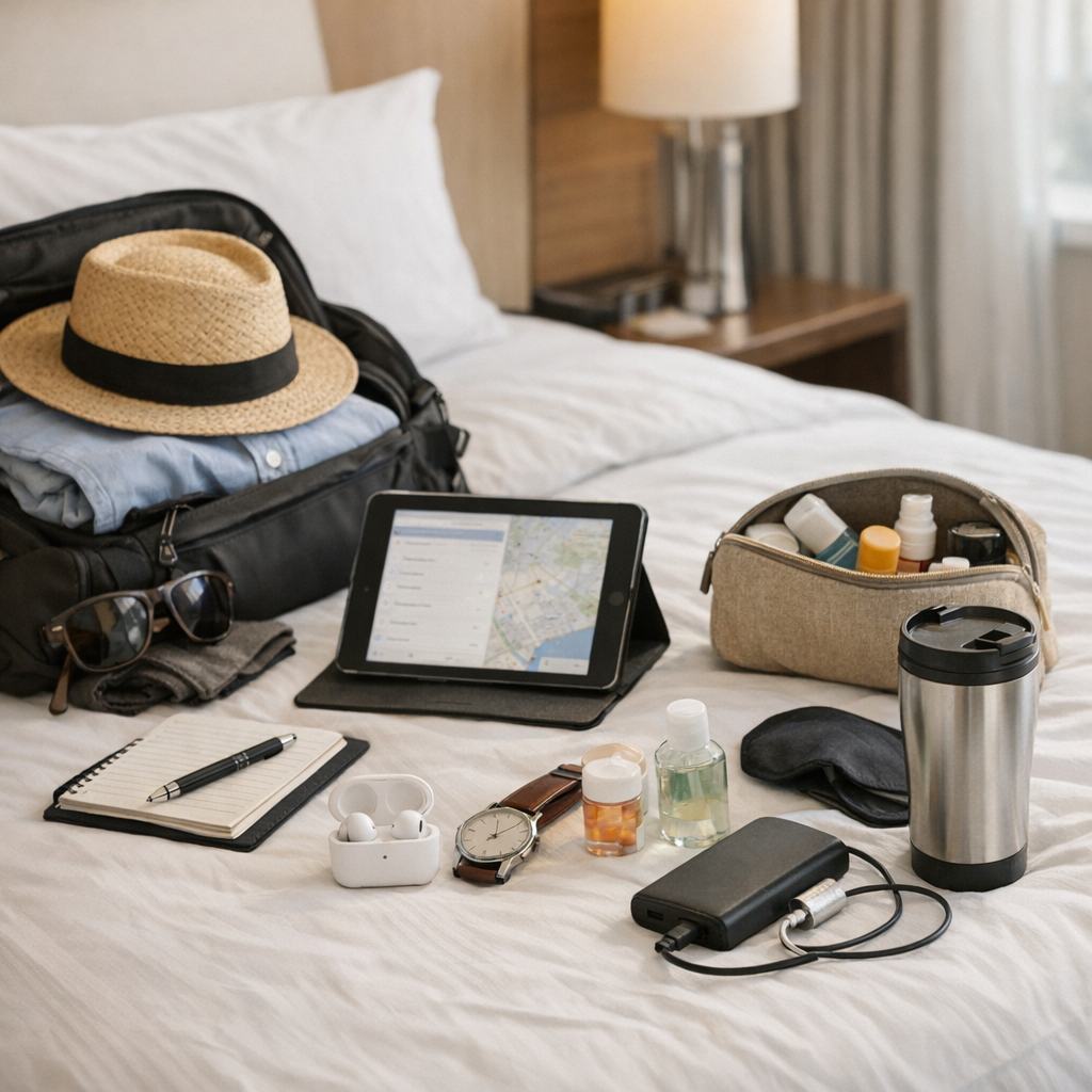 Packed bag and small travel routine items on a bed