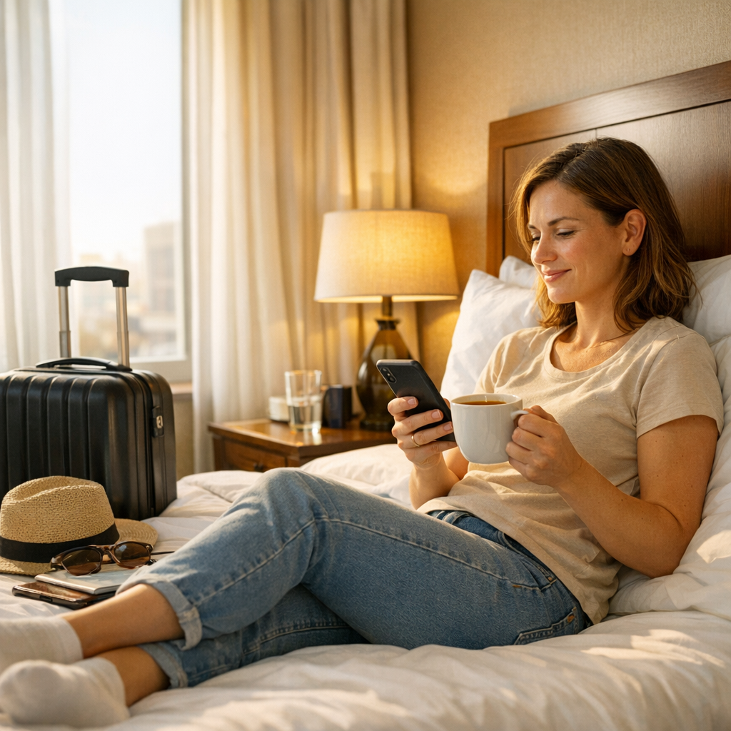 Traveler resting with a phone and coffee in a hotel room