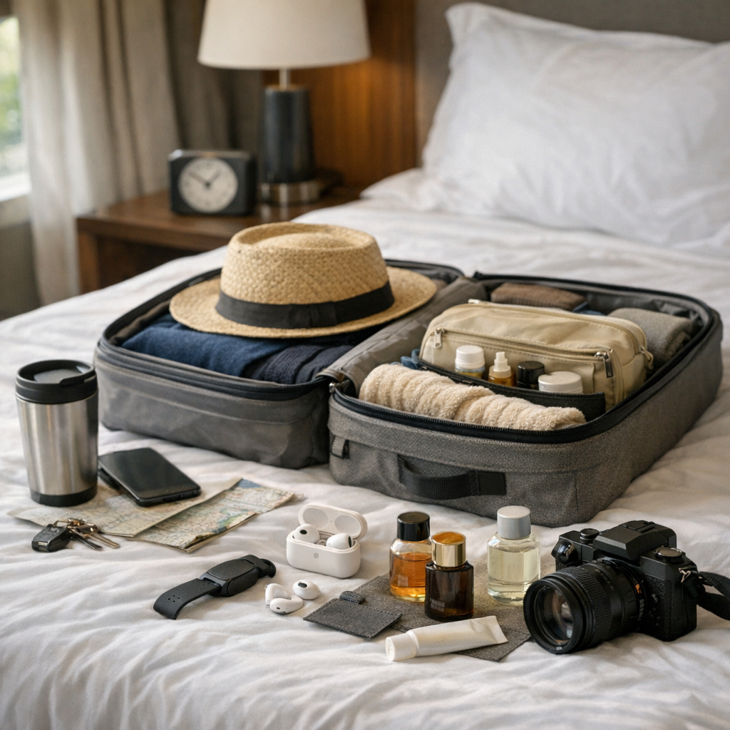 Packed bag and small travel routine items on a bed