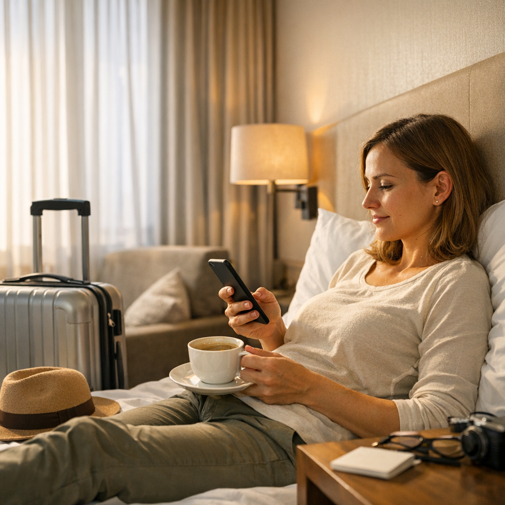 Traveler resting with a phone and coffee in a hotel room