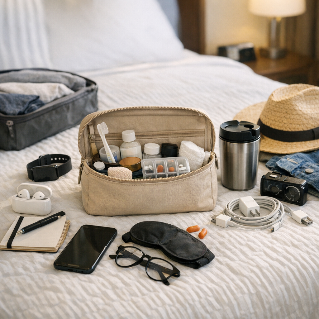 Packed bag and small travel routine items on a bed