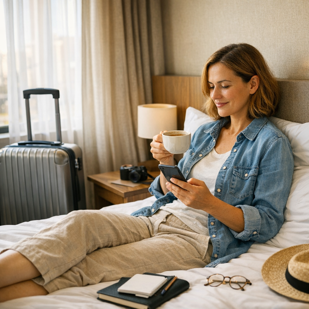 Traveler resting with a phone and coffee in a hotel room