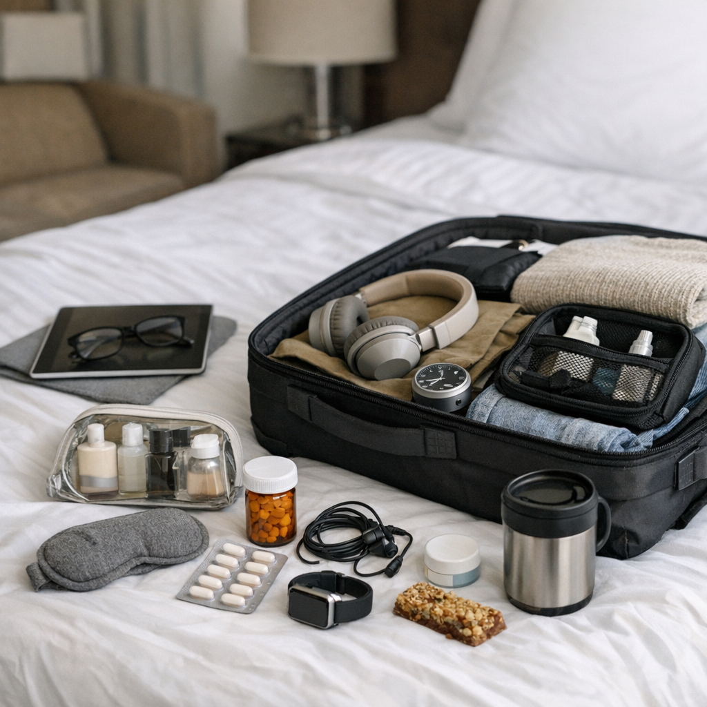 Packed bag and small travel routine items on a bed