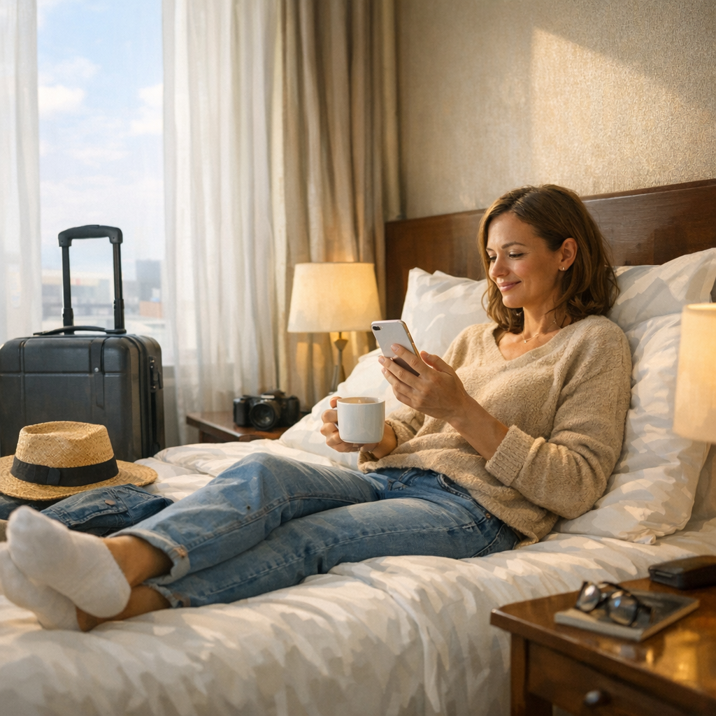 Traveler resting with a phone and coffee in a hotel room
