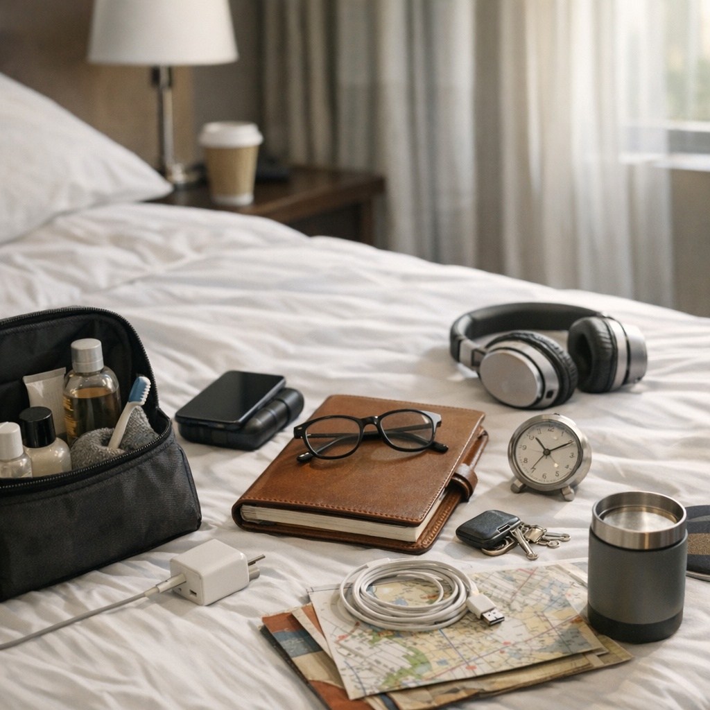 Packed bag and small travel routine items on a bed